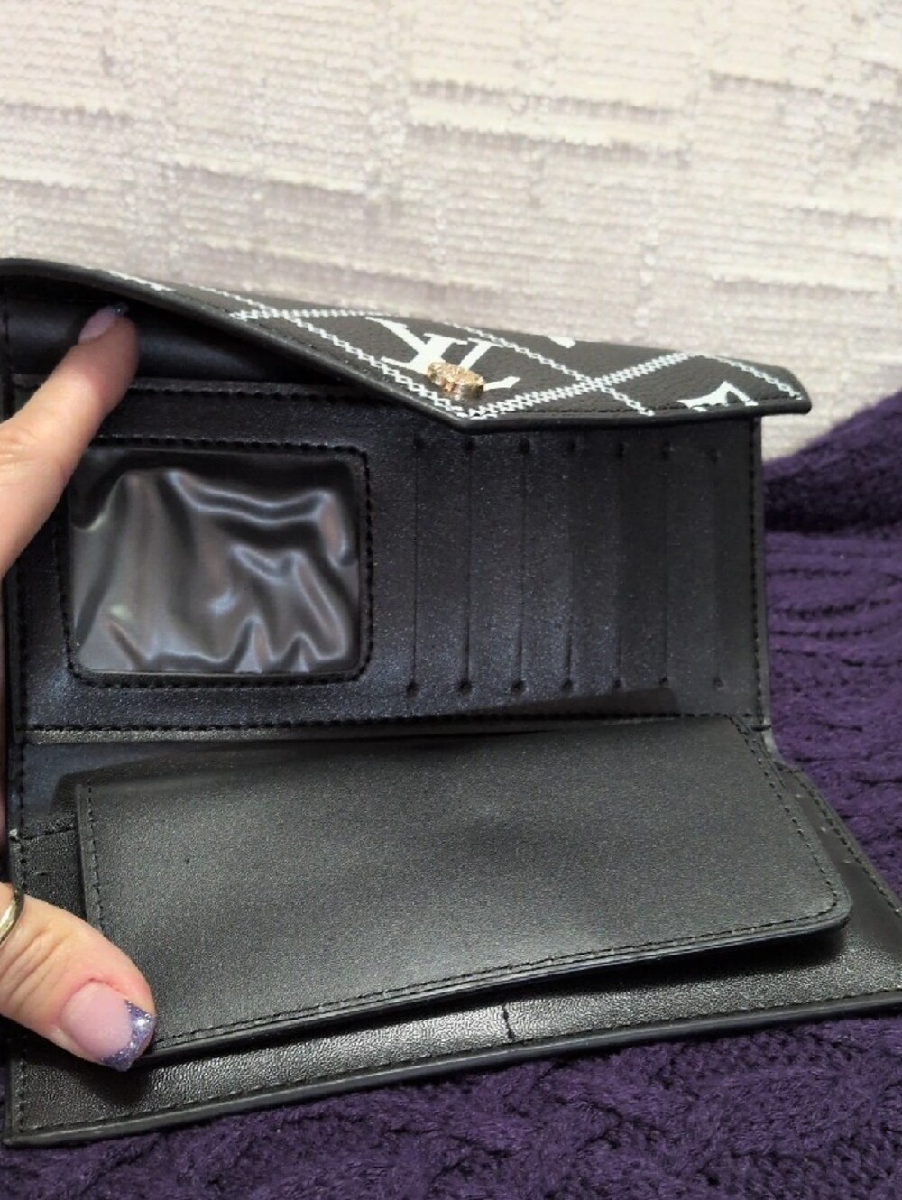 Black & White Monogram Long Envelope Wallet with Gold Snap - Picture 3 of 5